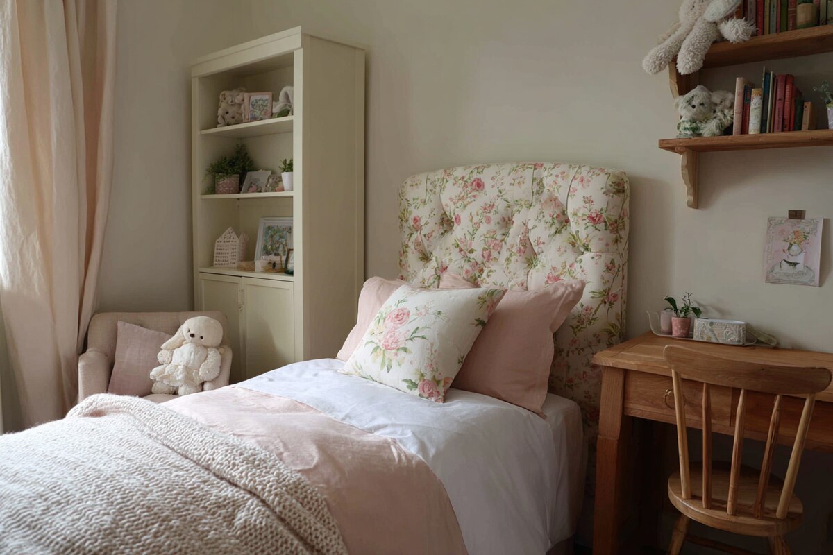 Contemporary Kids Room Design For Girls With Floral Upholstered Headboard Contemporary Kids Room Design For Girls With Floral Upholstered Headboard